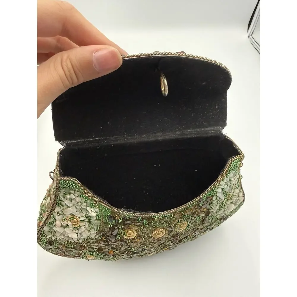 Vintage Mosaic Stone Hard Shell Evening Clutch Bag Green Quartz Beaded Purse